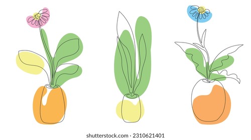 Set of One Line Flowers. Continuous Line Contour of abstract colors and color spots. Set of designs for posters, paintings, prints, postcards, etc.