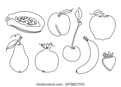  Set one line fruits. Continuous line exotic papaya, peach,apple, banana,  pear,garnet,strawberry. Vector fruit isolated 