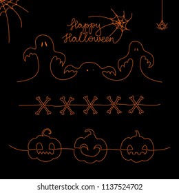 Set of one line Halloween elements: pumpkin, bones, ghost, spider, spiderweb. Hand drawn vector illustration isolated on black background.