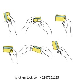 Establecer una mano de una línea dibujada con una cartera. Dibujo continuo de una línea de cierre de una mano con una plantilla de tarjeta de crédito bancaria. Ilustración del vector aislada en fondo blanco