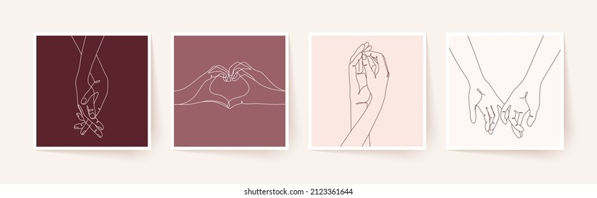 Set of one line holding hands. Valentine's day vector illustration. Modern single line art.