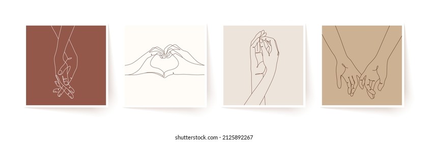 Set of one line holding hands. Valentine's day vector illustration. Modern single line art.