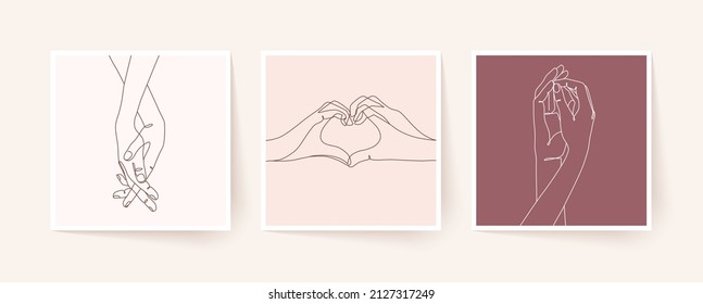 Set of one line holding hands. Valentine's day vector illustration. Modern single line art.