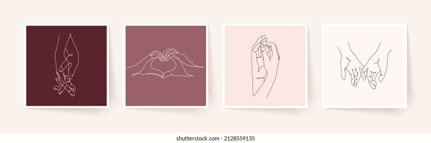 Set of one line holding hands. Valentine's day vector illustration. Modern single line art.