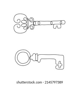 Set of one line key drawings. Continuous line art of antique old keys for real estate. Isolated antique room key for hotel. Single line vector illustration for opening house. Private property access