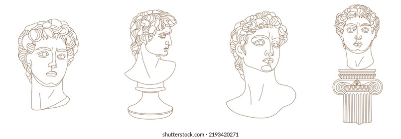 Set of one line Michelangelo's David portraits. Classical Greek sculptures in different poses. Vector art for design of posters, clothes, logo, invitations on white color background.