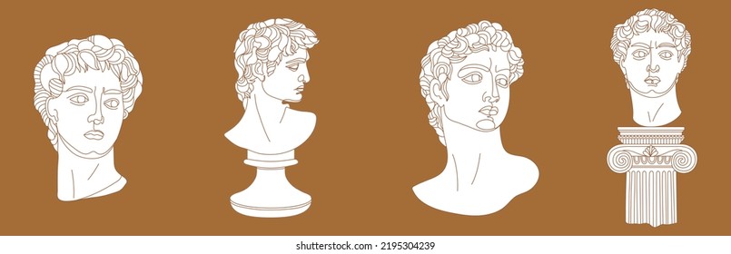 Set of one line Michelangelo's David portraits. Classical Greek sculptures in different poses. Vector art for design of posters, clothes, logo, invitations on mustard color background.