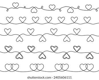 Set of one line seamless heart borders. Hearts border divider. Continuous line heart shape border. Hearts decoration for Valentines, women, mother day.