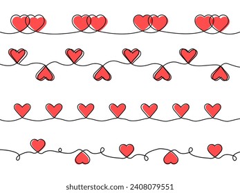 Set of one line seamless heart borders. Hearts border divider. Continuous line heart shape border. Hearts decoration for Valentines, women, mother day.