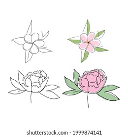 Set of one line style flowers plumeria peony isolated on white. Design for print, poster