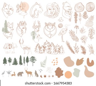 Set of one line style minimalistic objects. Forest animals, woman face, tree, plants, leaf and abstract shapes.  Editable vector illustration.