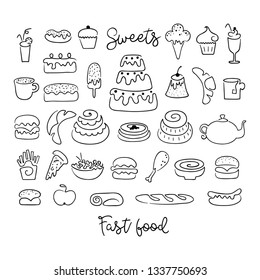 Set of one line of sweets, fast food and drinks. Vector illustration in hand-drawn style. Monochrome isolated objects on a white background. Curved lines