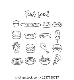 Set of one line of sweets, fast food and drinks. Vector illustration in hand-drawn style.