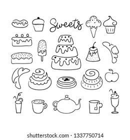 Set of one line of sweets, food and drinks. Vector illustration in hand-drawn style.Monochrome isolated objects on a white background. Curved lines