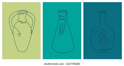 Set of one line vector vase prints. Modern one line art. Suitable for wall art posters, textile printing, mobile applications. Continuous line drawing.