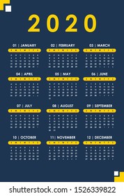 Set One Page 2020 Calendar with Correct Dates Navy and Gold A3 size vector