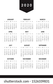 Set One Page 2020 Calendar with Correct Dates Black and White A3 size vector