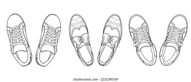 Set of one pair of classic brogues and two pairs of sneakers. Gym and classic shoes, top view.  Doodle outline vector illustration. 