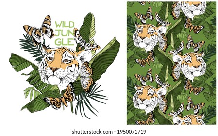 Conjunto de una impresión y un patrón de papel de pared sin inconvenientes. Tigre, mariposas y hojas de palma exóticas. Camo salvaje. Composición textil, impresión a mano. Ilustración vectorial.