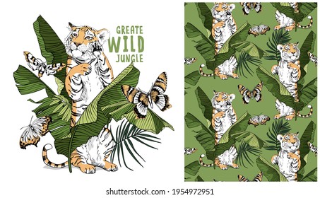 Set of the one print and one seamless wallpaper pattern. Tiger, butterflies and exotic palm leaves. Wild camo. Textile composition, hand drawn style print. Vector illustration.
