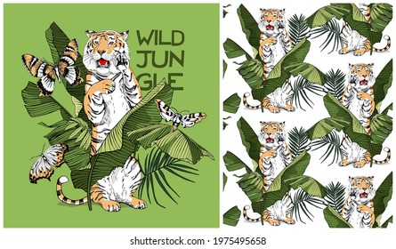 Set of the one print and one seamless wallpaper pattern. Tiger, butterflies and exotic palm leaves. Wild camo. Textile composition, hand drawn style print. Vector illustration.