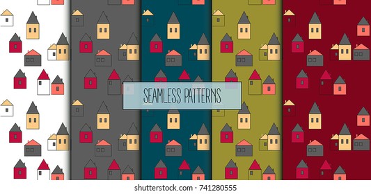 Set of one storey scandinavian houses. European minimalistic homes. Set of seamless patterns. White red yellow, gray and blue background. Amsterdam style buildings