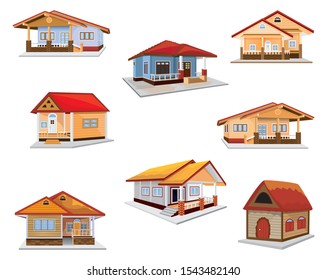 set of One story house on white background