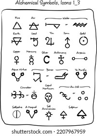 Set One Of Three, Hand Drew A Vector Of The Alchemical Symbols And Alphabet On The Theme Of Mysticism. Esoteric, Occult Icons