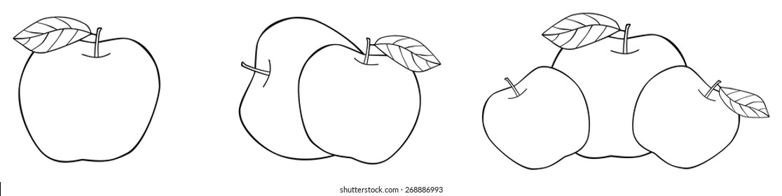 Set of one, two and three elaborate apples with leaves on white background in the Delightful garden collection