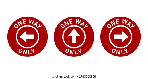 Set of One Way Only Round Floor Marking Sticker Icon with Direction Arrow and Text. Vector Image.