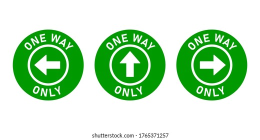 Set Of One Way Only Round Floor Marking Sticker Icon With Direction Arrow And Text. Vector Image.