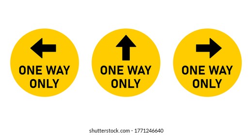 Set Of One Way Only Round Floor Marking Sticker Or Adhesive Icon With Direction Arrow And Text. Vector Image.