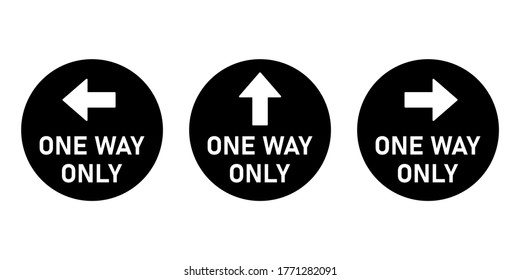 Set Of One Way Only Round Floor Marking Sticker Or Adhesive Icon With Direction Arrow And Text. Vector Image.