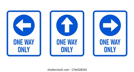 Conjunto de icono de cartel de advertencia vertical de una sola vía con flecha de dirección y texto. Imagen vectorial.