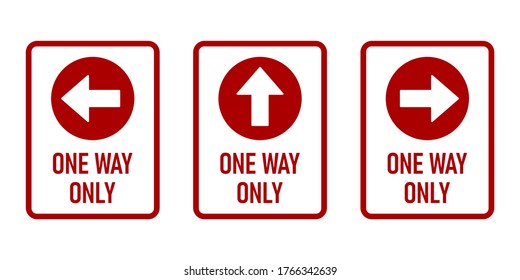 Set of one Way Only Vertikal Warning Poster Sign Icons mit Direction Arrow and Text. Vektorbild.