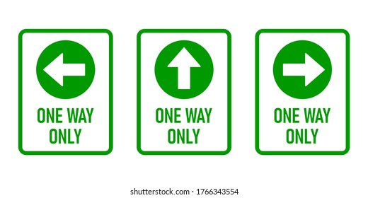 Set of one Way Only Vertikal Warning Sign Poster Symbol mit Richtung Pfeil und Text. Vektorbild.