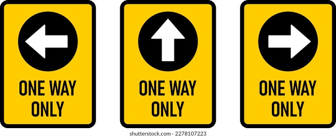 Set of One Way Only Vertical Warning Sign Poster or Sticker Design Icon with Direction Arrow and Text. Vector Image.