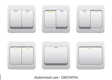 A set of one-key and two-key switches in the on and off position, light switch illustration