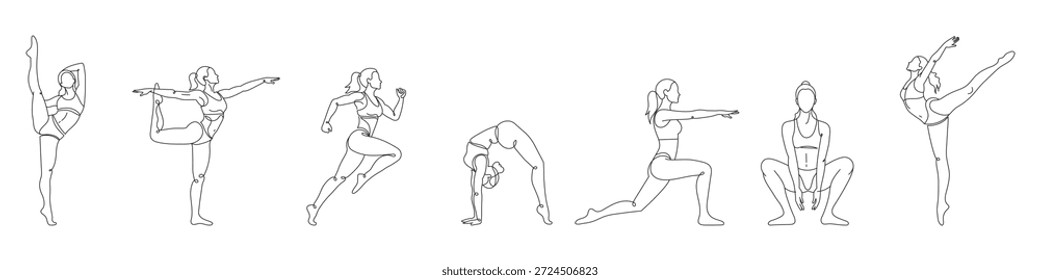 Um conjunto de desenhos de uma linha com uma garota ginasta em várias poses, ioga, fitness, treinamento e esportes. Arte de linha editável.