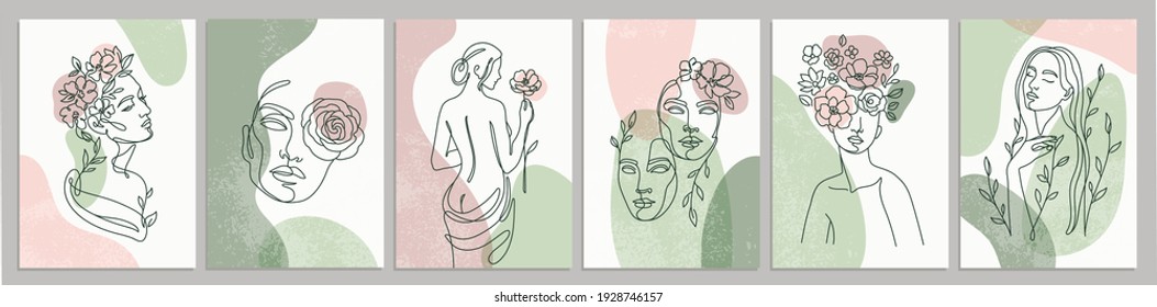 Conjunto de imágenes hembras de una línea. Hermosas mujeres con flores. Estilo lineal sencillo y moderno. Ilustraciones vectoriales. 