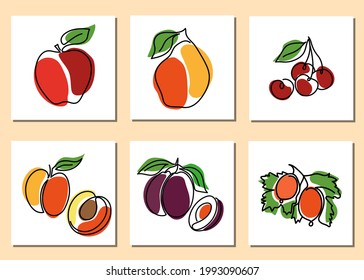Set of oneline fruit cards with continuous line apple,pear,cherries,apricot,plums,gooseberry.Vector hand drawn illustration of healthy food.For modern decor of menu,poster,bunner,prints and others.
