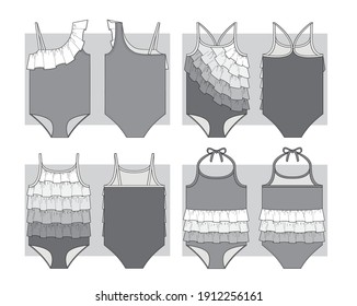Juego de trajes de baño de una pieza con esposas. Escketch técnico.