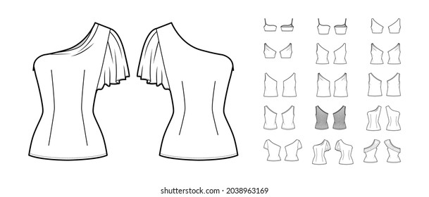 Juego de camisetas de un hombro, tanques, blusas ilustración técnica de moda con cuerpo sobredimensionado, mangas cortas, gafas. Plano frontal de la plantilla, reverso, color blanco. Mujeres, hombres unisex CAD mockup
