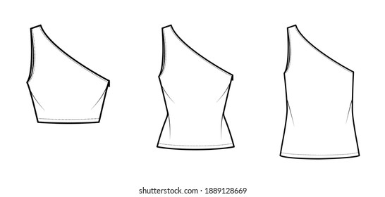 Set of One-shoulder tops tank technical fashion illustration with oversized and fitted body, tunic and waist length hem. Flat shirt apparel template front, white color. Women, men unisex CAD mockup