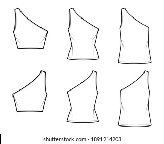 Set of One-shoulder tops tank technical fashion illustration with oversized and fitted body, tunic and waist length hem. Flat shirt apparel template front, back white color. Women, unisex CAD mockup