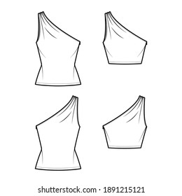 Set of One-shoulder tops tank technical fashion illustration with ruching, fitted body, tunic and waist length hem. Flat outwear shirt template front, back, white color. Women, men unisex CAD mockup