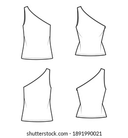 Set of One-shoulder tops tank technical fashion illustration with oversized and fitted body, tunic length hem. Flat shirt apparel template front, back white color. Women, men unisex CAD mockup