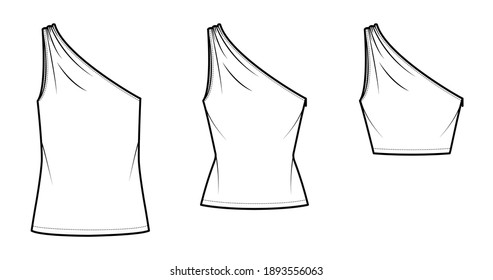 Set of One-shoulder tops tank technical fashion illustration with ruching, fitted and oversize body, tunic and waist length hem. Flat outwear shirt template front white color. Women, unisex CAD mockup