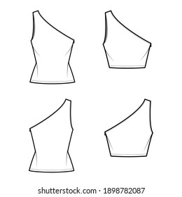 Set of One-shoulder tops tank technical fashion illustration with oversized and fitted body, tunic and waist length hem. Flat apparel template front, back white color. Women, men unisex CAD mockup