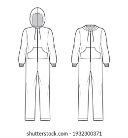 Set of Onesie overall jumpsuit sleepwear technical fashion illustration with full length, oversized, hood, zipper closure, kangaroo pouch. Flat Dungaree front, white color. Women men unisex CAD mockup